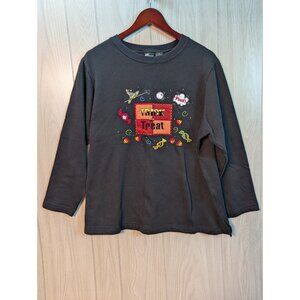 Holiday Editions Womens 1X Black Halloween Trick or Treat Sweatshirt Embroidered